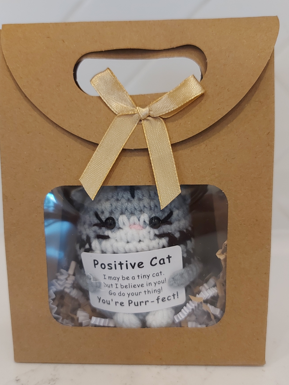 Positive Cat Plush Toy - Gray and White Crochet Cat